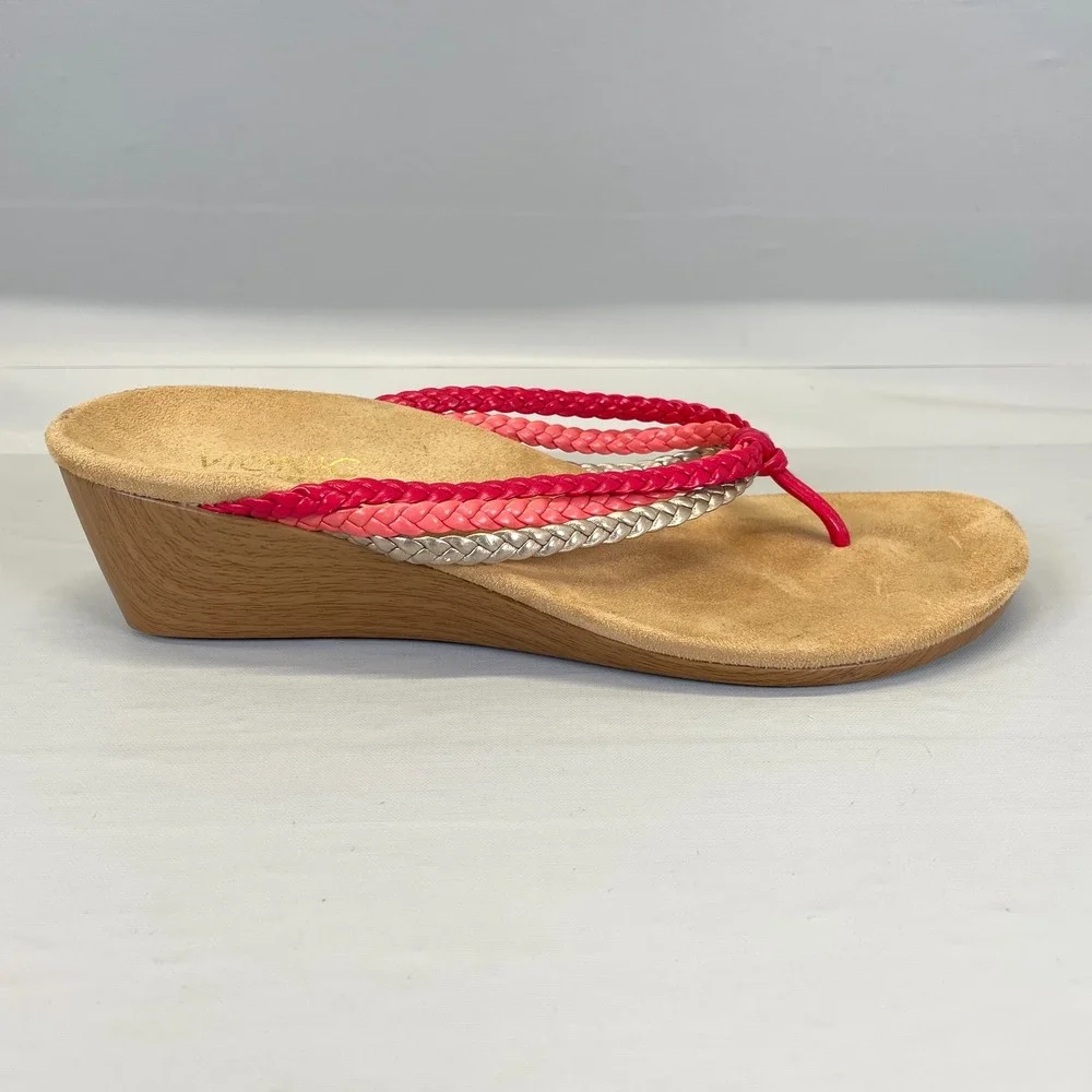 Vionic Ramba Wedge Sandals Womens Size 10 Red Pink Thong Braided Comfort Shoes